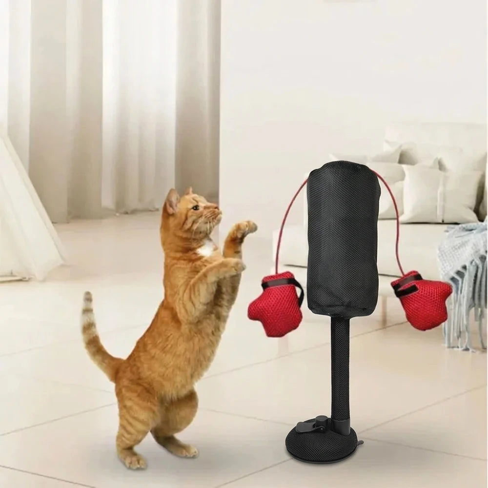Cartoon Cat Punching Bag Toy with Suction Cup & Boxing Gloves - Fun Indoor Play for Kittens and Cats!
